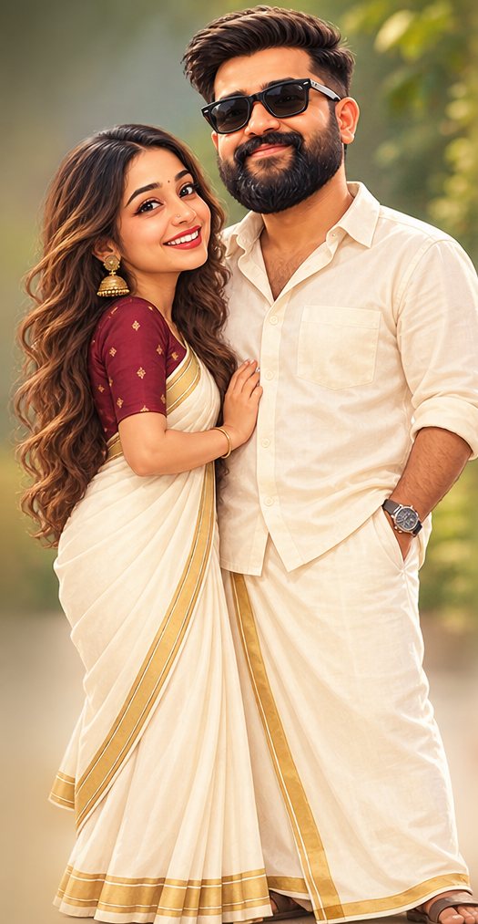 Illustration of Anand in mundu and Meenakshi in a kasavu saree